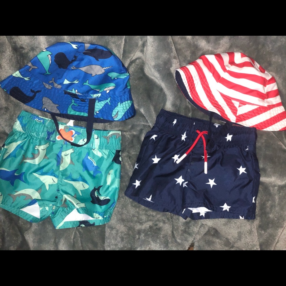 2 Cat &Jack infant swim shorts & matching hats